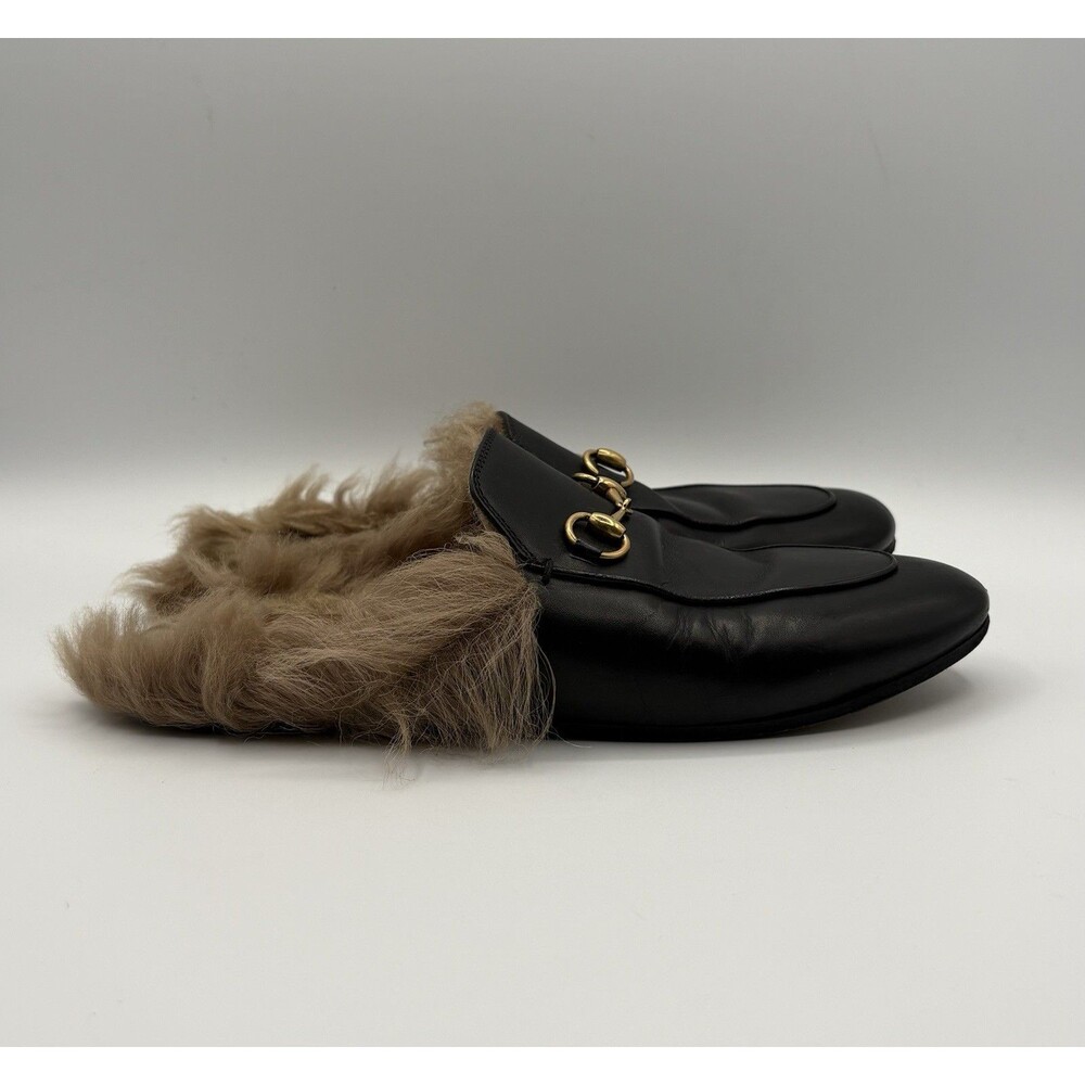 Gucci Black Leather Princetown Loafer Mule Fur Lined Horse-bit Accent Sz EU 37.5 - Picture 3 of 11